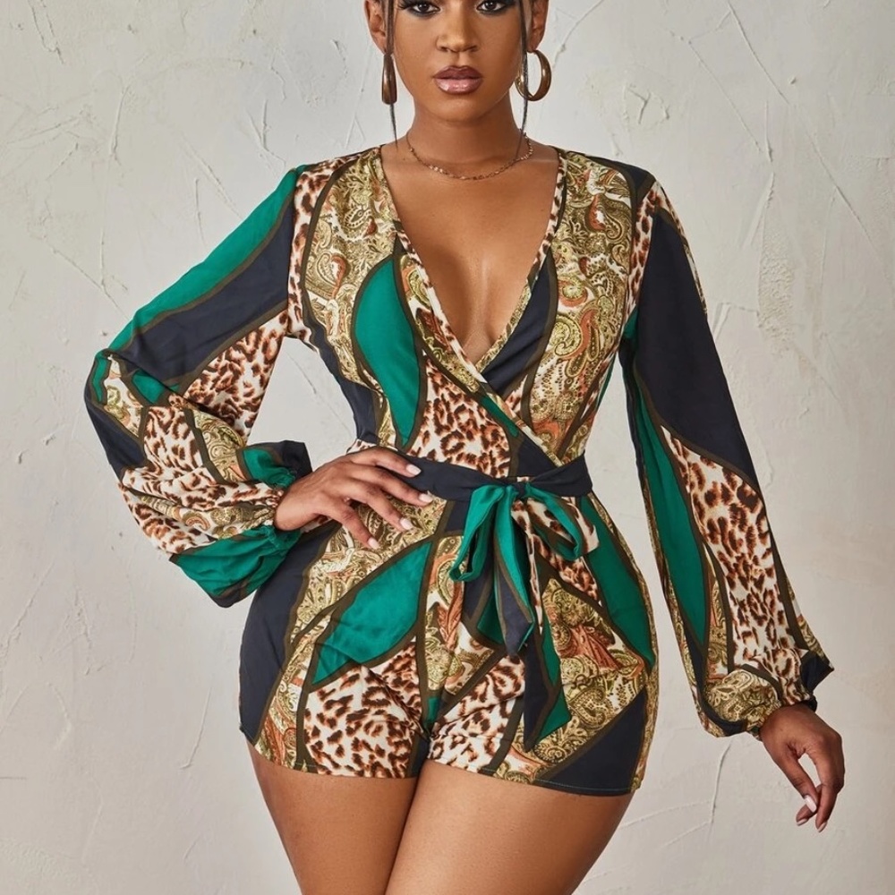 SHEIN SXY Leopard & Paisley Print Colorblock Lantern Sleeve Belted Romper